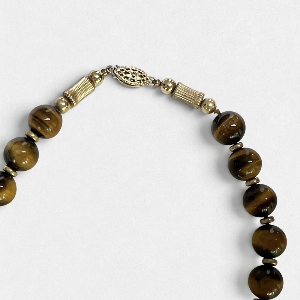 Tigers Eye Beaded Necklace Vintage Gold Tone Fluted Tube Spacers Retro 70s Boho - Picture 9 of 11